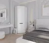 A modern bedroom with a white corner wardrobe, bed, and vanity. Produktbild-Vorschau