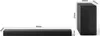 A diagram showing the dimensions of a soundbar and a subwoofer. Voir les images du produit