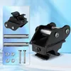 A product shot of a black metal excavator quick coupler and its accessories, set against a light blue and white gradient background. Podgląd zdjęcia produktu