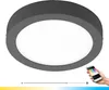 A round, gray LED ceiling light with a white diffuser is shown against a white background. A smartphone displaying a color wheel is in the lower right corner, suggesting smart control. Produktbild-Vorschau