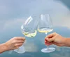 Two hands holding wine glasses filled with white wine, toasting against a blurred background of water and sky. Produktbild-Vorschau