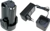 A black lithium-ion battery pack and a black battery charger are displayed against a white background. Produktbild-Vorschau
