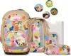 A set of school supplies including a backpack, pencil case, and other accessories, all featuring a colorful polka dot pattern and animal motifs. Produktbild-Vorschau