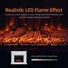 A close-up of a realistic LED flame effect in an electric fireplace, with a small white fireplace unit shown below and a slider for adjustable flame brightness. Produktbild-Vorschau