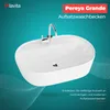 A white oval basin with a chrome faucet is shown against a teal background with abstract wavy lines. Produktbild-Vorschau