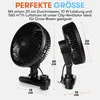 Two views of a black clip-on fan with dimensions indicated by text and lines. Produktbild-Vorschau