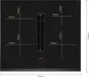 A top-down view of a black induction hob with integrated ventilation, showing dimensions and control panel. Produktbild-Vorschau