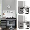 Collage of a grey high-gloss vanity table with a stool, shown from different angles and in a room setting. Náhled obrázku produktu