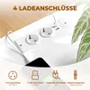 A white power strip with AC outlets and USB ports is shown on a white surface, with a plant in the background. Podgląd zdjęcia produktu