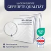 Two white pillows are shown with text overlays and certifications. Produktbild-Vorschau