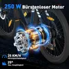 A close-up illustration of an electric bicycle motor with glowing blue and orange energy effects, set against a dark background. Text overlays provide specifications. Voir les images du produit