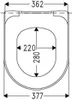 A top-down technical drawing of a toilet seat with dimensions indicated. Produktbild-Vorschau