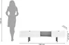 A silhouette of a person is shown next to a white TV stand with dimensions indicated. Produktbild-Vorschau