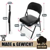 A black folding chair with dimensions and weight information displayed using text overlays and graphics. Produktbild-Vorschau