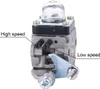 A close-up view of a carburetor with labels pointing to different adjustment screws. Produktbild-Vorschau