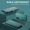 Three views of a green leather wallet-style phone case are displayed on teal-colored geometric platforms against a teal background. Produktbild-Vorschau