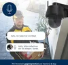 A delivery person is at a door, interacting with a smart camera via voice. Produktbild-Vorschau