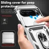 A hand is holding a silver phone case with a sliding camera cover and a ring holder. The case is shown from a diagonal angle. Produktbild-Vorschau