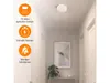 A hallway with a smoke detector mounted on the ceiling and marketing icons on the left. Produktbild-Vorschau