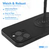 A black phone case is shown at an angle, with text overlays describing its features. A dark liquid is shown dripping onto the case, creating ripples. Produktbild-Vorschau