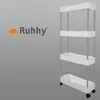 A white four-tier rolling storage cart is shown against a gray background, with the brand logo and name to the left. Náhled obrázku produktu