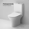 A white toilet with text overlays indicating its features. Produktbild-Vorschau
