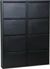 A black metal shoe cabinet with eight flip-down doors. Produktbild-Vorschau