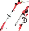 Three different views of a red and silver electric hedge trimmer, displayed against a white background. Produktbild-Vorschau