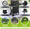A collage of images showcasing a gas grill and its features, along with lifestyle shots of camping, a patio, and a garden. Náhled obrázku produktu