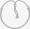 A silver Pandora Moments snake chain bracelet with a sliding clasp and two small ball charms at the end of the adjustable cords. Voir les images du produit