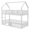 A white wooden bunk bed with a house-shaped frame and a fenced lower area with a door. Náhled obrázku produktu