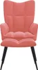 A pink velvet armchair with a matching footrest and black legs, isolated on a white background. Voir les images du produit