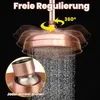 A copper shower head with water spraying from it, with text overlays indicating features. Produktbild-Vorschau