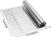 A stainless steel dough scraper with measurement markings is shown on a white background. Dimensions are indicated with arrows and text. Produktbild-Vorschau