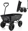 A black garden cart with four wheels and a handle, shown from a slightly elevated front-left angle. A smaller inset image shows the same cart tilted, with its contents spilling out. Náhled obrázku produktu