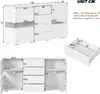 A technical drawing and diagram showing the dimensions and internal structure of a white sideboard with drawers and shelves. Podgląd zdjęcia produktu