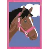 A close-up illustration of a horse's head wearing a pink halter, set against a blue background with a white cloud. Anteprima dell’immagine prodotto