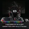 A gaming headset, keyboard, and mouse are displayed in front of a computer monitor showing a video game. Produktbild-Vorschau