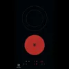 A black electric cooktop with two heating zones, one of which is red and appears to be hot. There are control buttons and a digital display at the bottom. Produktbild-Vorschau