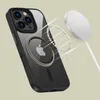 A black and clear iPhone case with a magnetic charging ring is shown with a magnetic charger. Podgląd zdjęcia produktu