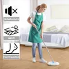 A woman is mopping a floor in a room with a bed in the background. There are informational icons on the left side of the image. Produktbild-Vorschau