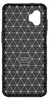 The back of a black phone case with a geometric pattern and a hexagonal logo in the center. Produktbild-Vorschau