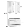 A white hallway furniture set with a mirror and coat hooks above a bench with storage. Podgląd zdjęcia produktu