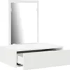 A white vanity table with a mirror and an open drawer, isolated on a white background. Voir les images du produit