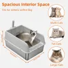 A cat litter box with a cat inside, along with marketing text and images of different cat sizes. Produktbild-Vorschau