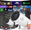 A collage of streaming service logos and product images, featuring a white projector and its accessories. Produktbild-Vorschau