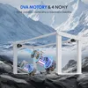 A white metal desk frame is shown in a dramatic mountainous landscape. Animated blue energy flows around two visible motors, suggesting power and performance. Text overlays highlight 'DVA MOTORY & 4 NOHY' (Two Motors & 4 Legs) and 'Silné zvedání, rovnováha Náhled obrázku produktu