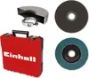 A collection of angle grinder accessories, including a protective guard, a cutting disc, a flap disc, and a red storage case with the Einhell logo. Podgląd zdjęcia produktu