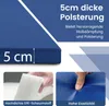 A collage of images showing a blue mat with text overlays highlighting its features. Produktbild-Vorschau