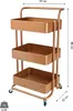 A three-tier copper-colored rolling cart is shown against a white background with dimensions indicated by measurement lines and text. Produktbild-Vorschau